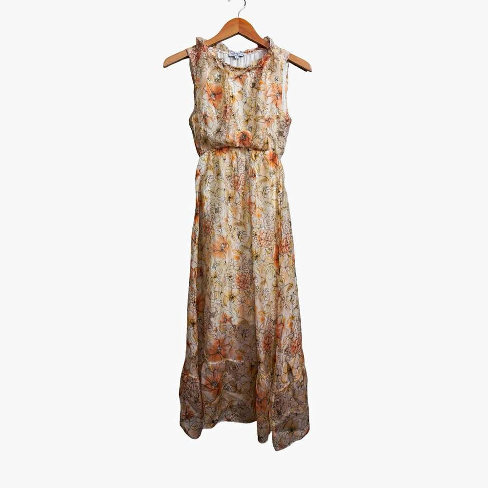 Le Ragazze Beige Orange Floral Chiffon Maxi Dress Round Neck Lined Size M